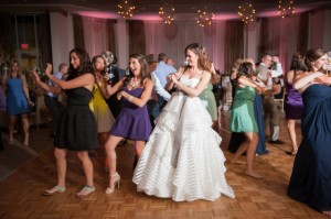 bride and guests at wedding reception dancing to reception entertainer
